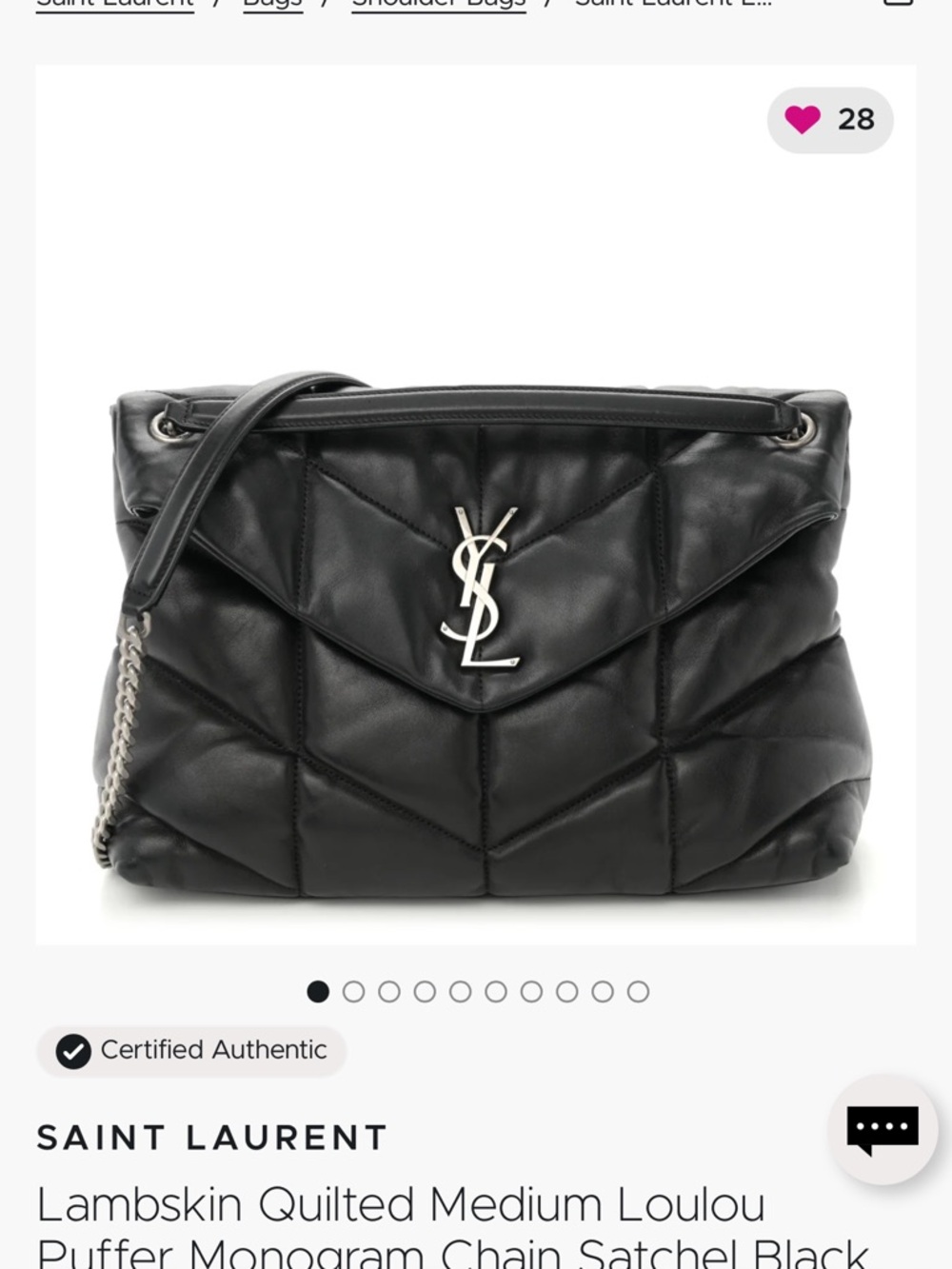 Saint Laurent Black Lambskin Quilted Loulou Puffer Chain Satchel👜